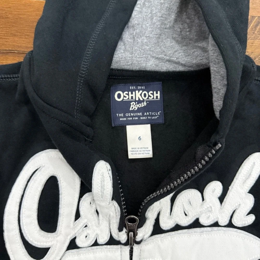 OshKosh B'Gosh Boys Black Full Zip‎ Hoodie Sweatshirt with Oshkosh Logo size 6